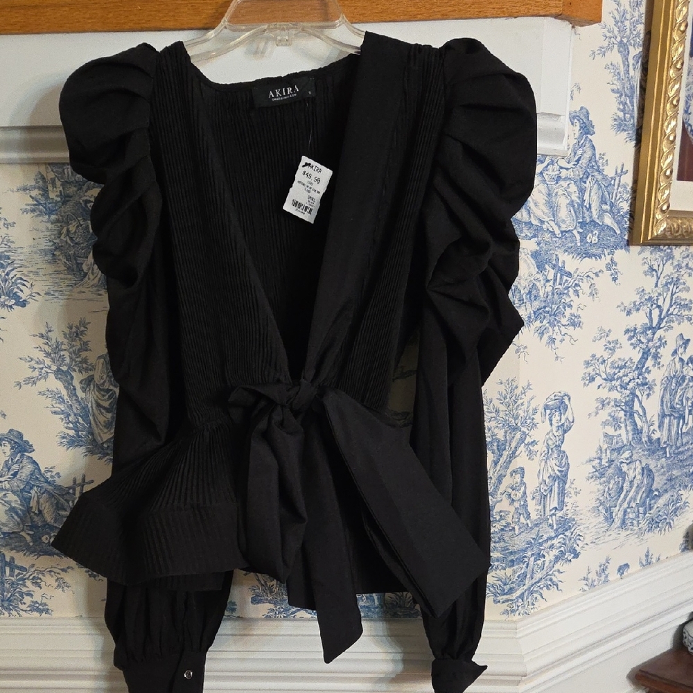 Akira Elegant Black Tie-Front Blouse- S